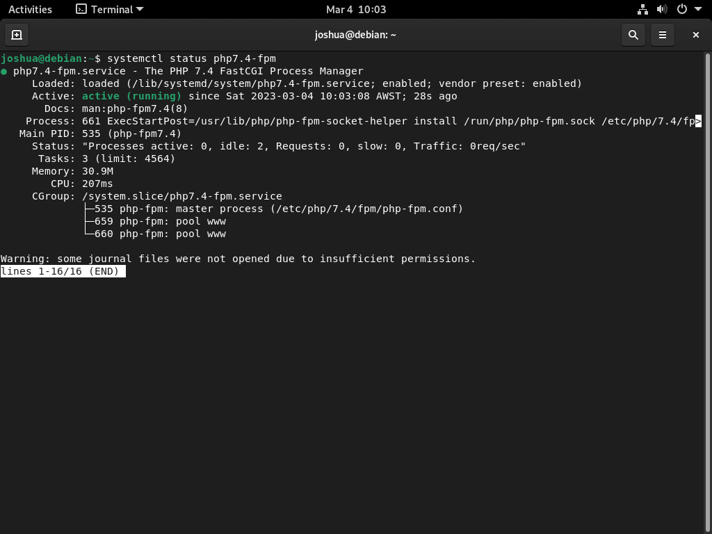 一项重要的终端检查可确保 PHP FPM 在 Debian Linux 上安装 WordPress 和 LEMP 后顺利运行。