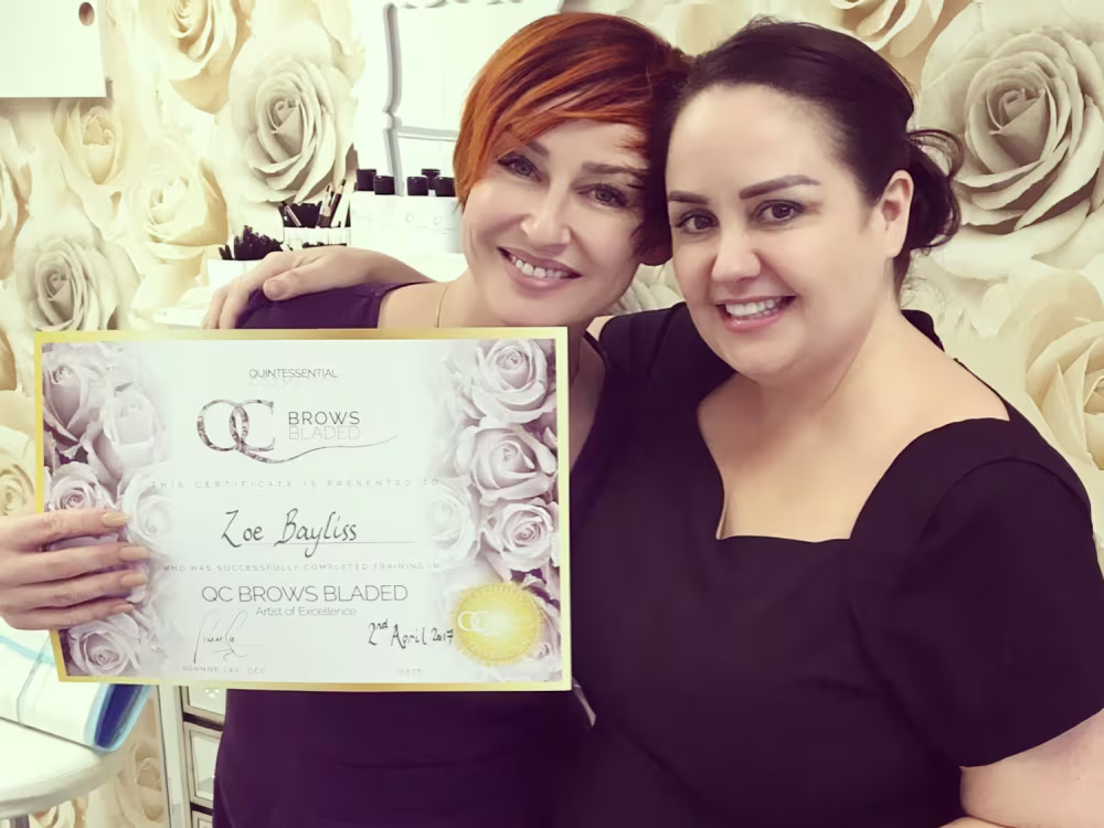 Zoe Bayliss with Joanne Lee, after completing her QC Brows microblading training with Joanne in 2017